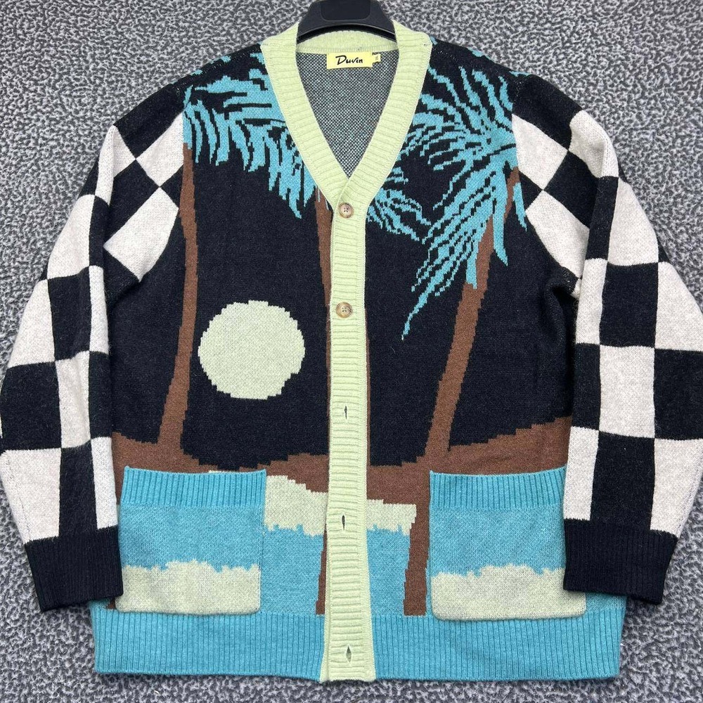 Duvin Cardigan Sweater Men 2XL Black Teal Green Palm Tree Checkerboard